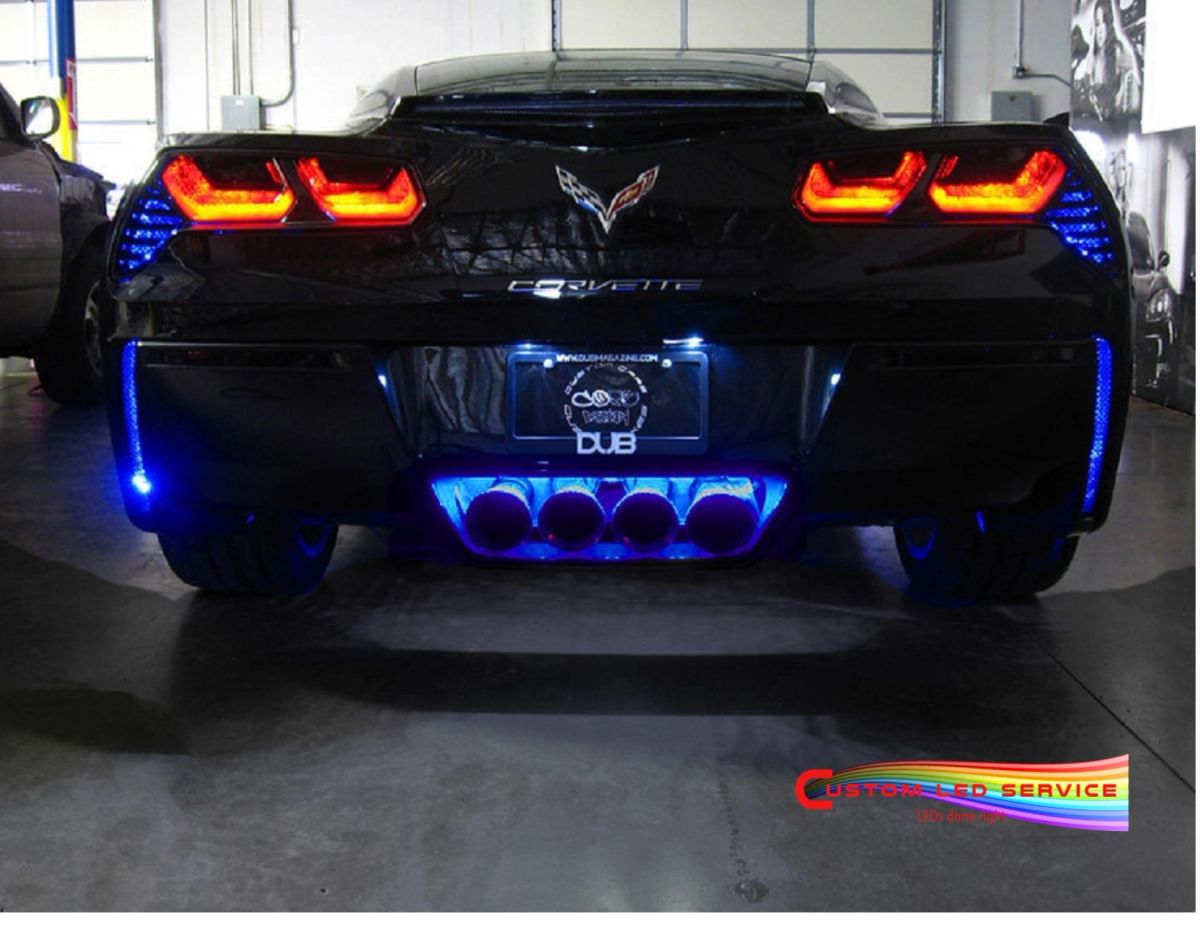 Corvette C7 rear with blue Custom L.E.D. lighting in the Centennial shop